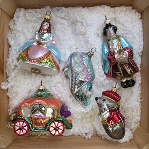 Polonaise Cinderella VTG Glass Christmas Ornament Set Coach Mouse Prince Slipper